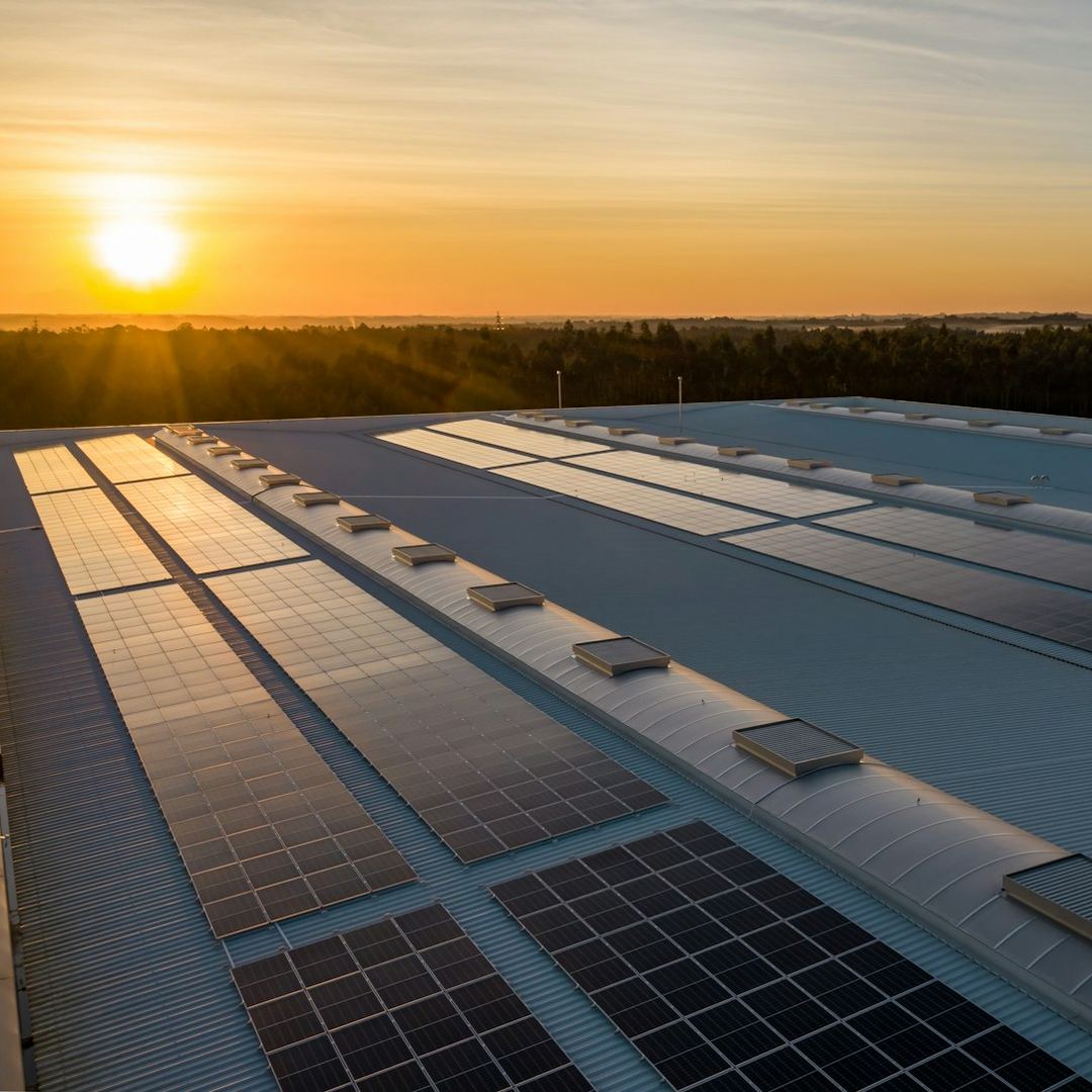 Telhado industrial coberto por painéis solares ao pôr do sol
